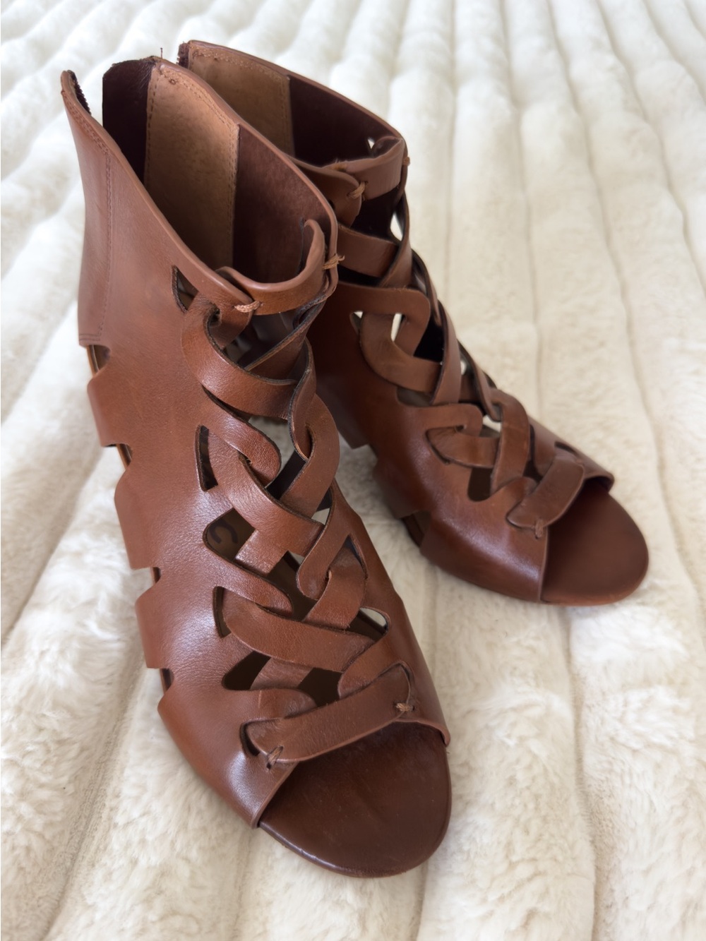 Brown Leather Lace-Up Peep-Toe Sandals - Women